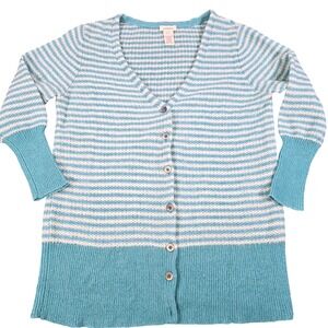 Sundance Striped Lambswool Blend V-Neck Cardigan Sweater Turquoise White PL